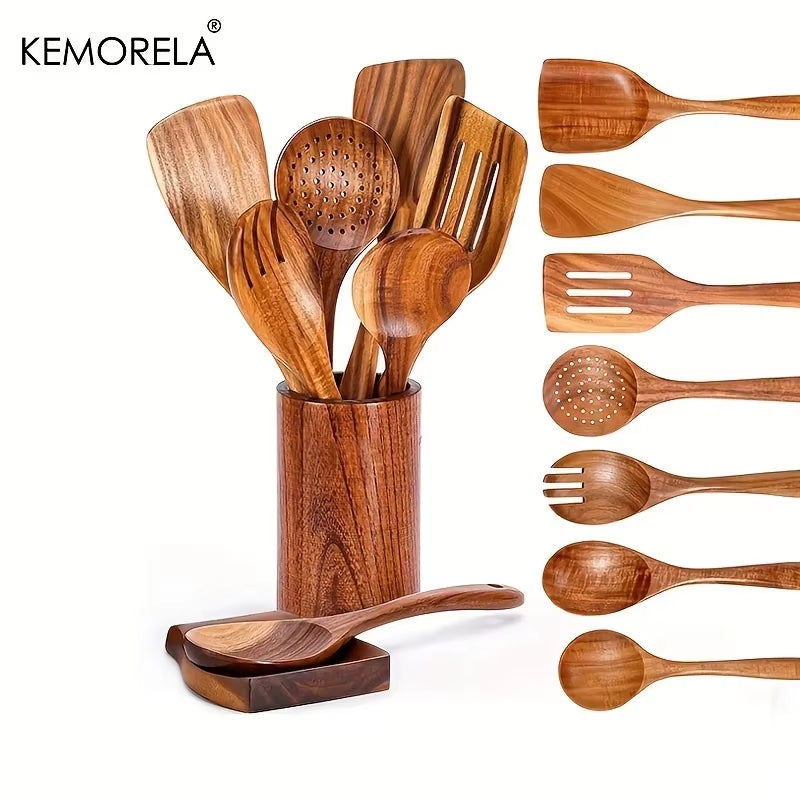 4/7/9PCS Wooden Spoons for Cooking Wooden Utensils for Cooking with Utensils Holder Teak Wooden Kitchen Utensils Set