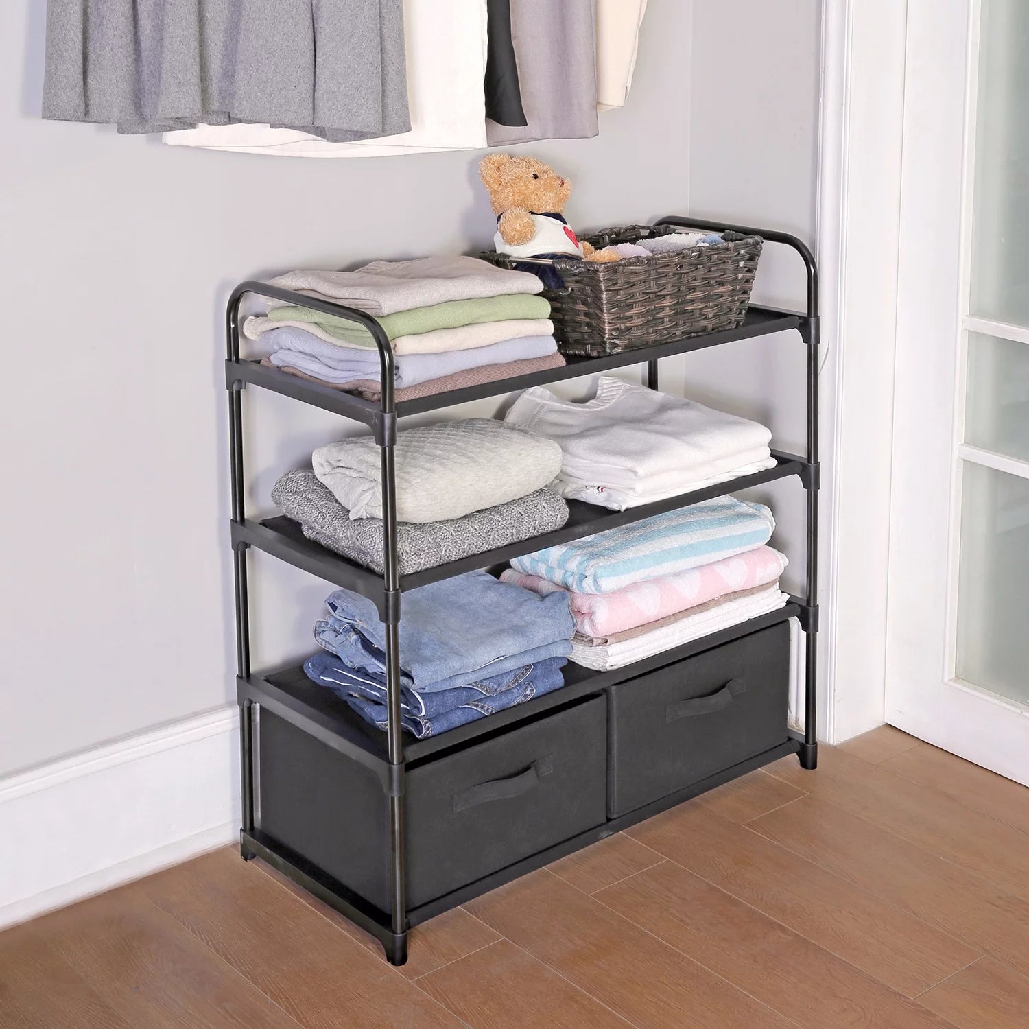 4 Shelf Closet Organizer with 2 Bins, Black, Metal Frame, Adult and Child