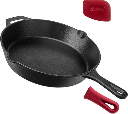 Cast Iron Skillet - 12"-Inch Frying Pan with Assist Handle + Red Silicone Grip Cover - Pre-Seasoned Oven Safe Cookware - Indoor/Outdoor Use - Grill, Stovetop, Induction, BBQ and Firepit Safe