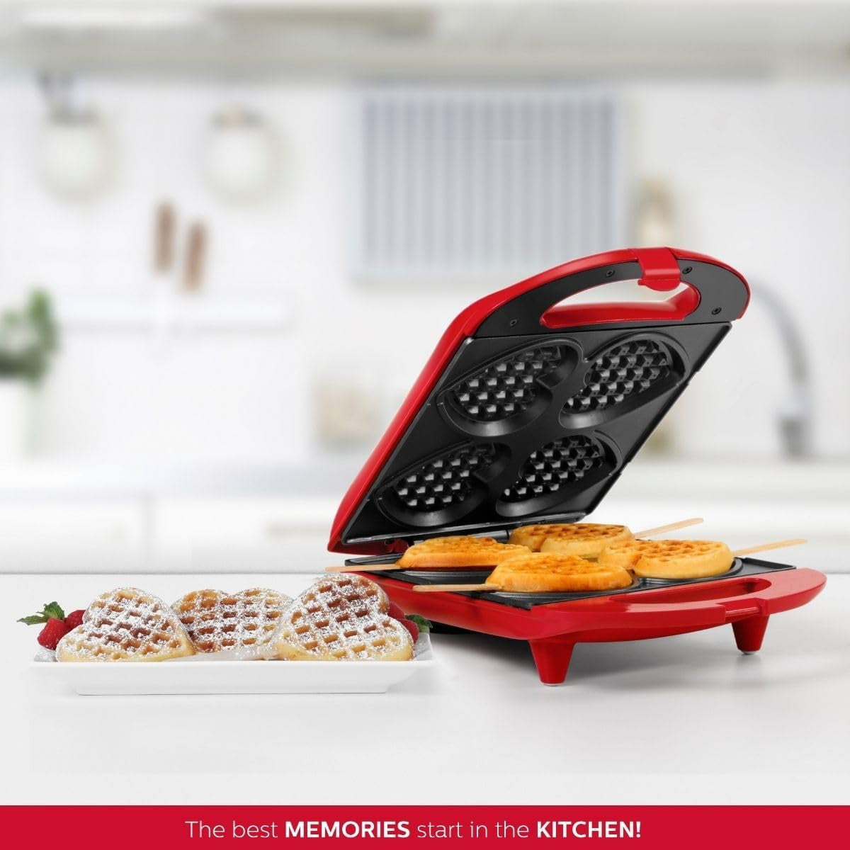 - Non-Stick Heart Waffle Maker, Red - Makes 4 Heart-Shaped Waffles in Minutes