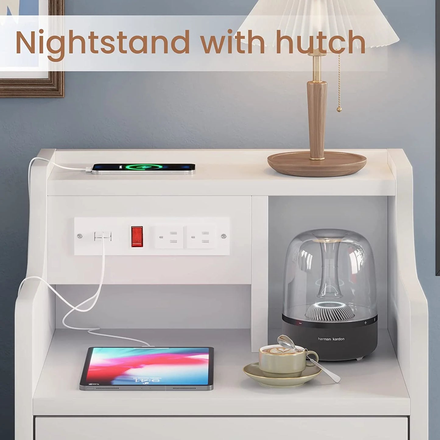 Nightstand with Charging Station and 3 Storage Drawers, White