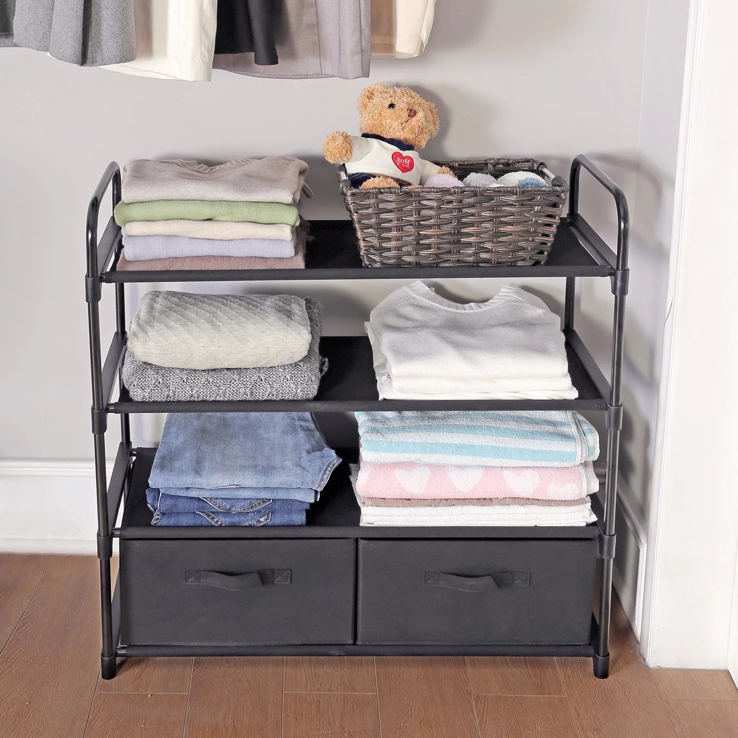 4 Shelf Closet Organizer with 2 Bins, Black, Metal Frame, Adult and Child