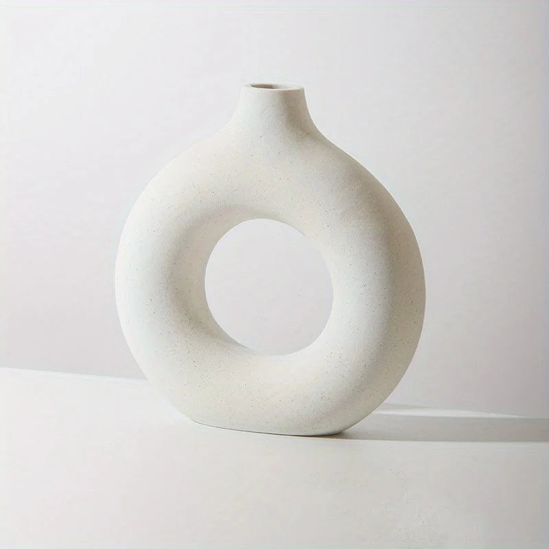 1Pc, White/Beige Ceramic Vase Vases for Decor, Modern Home Decor Vase, Boho Vases for Decor, Circle Vase, round Vase, Donut Vas