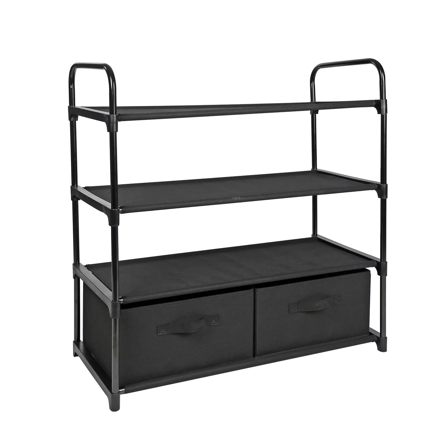 4 Shelf Closet Organizer with 2 Bins, Black, Metal Frame, Adult and Child