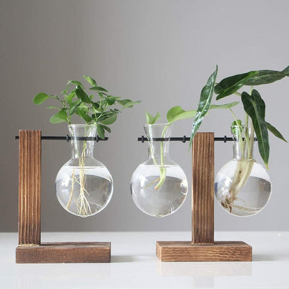 Stand Glass Planter Bulb Vase, Hydroponic Plant Vases with Wooden Stand, Terrarium Boiling Flask-Style Flower Vases Office Desk Wedding Decor