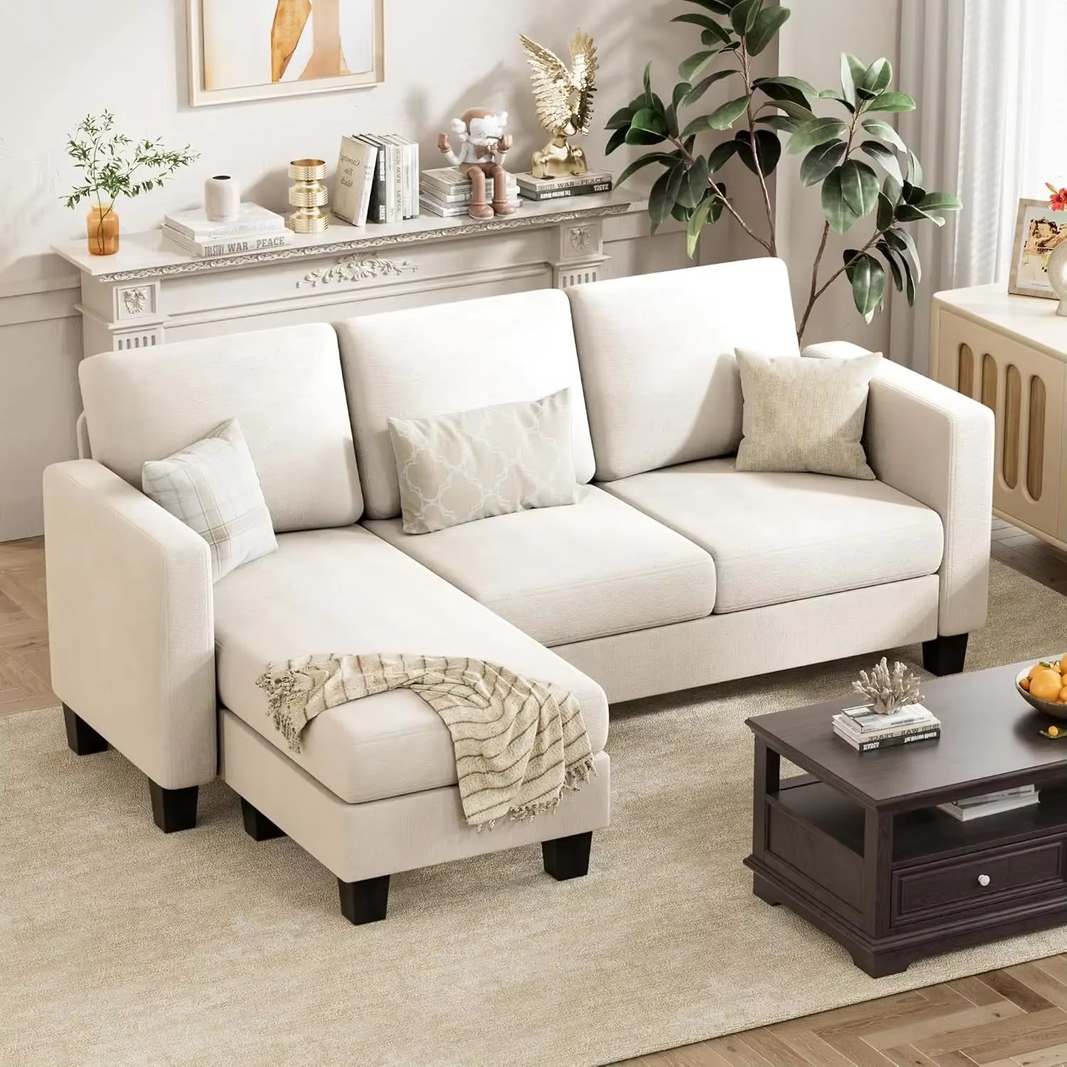 Convertible Sectional Sofa Couch, 3 Seat L-Shaped Sofa with Linen Fabric, Movable Ottoman Small Couch for Small Apartments