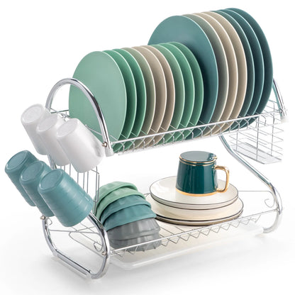 2-Tier Kitchen Dish Cup Drying Rack Bowl Rack Kitchen Sink Dish Drainer Set