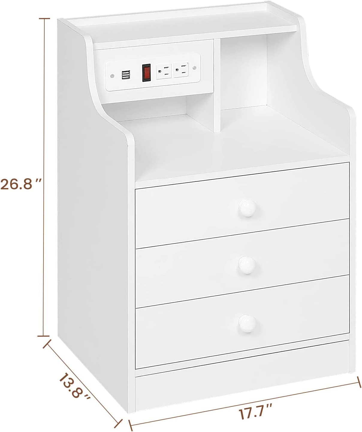 Nightstand with Charging Station and 3 Storage Drawers, White