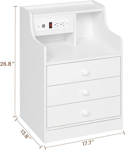 Nightstand with Charging Station and 3 Storage Drawers, White