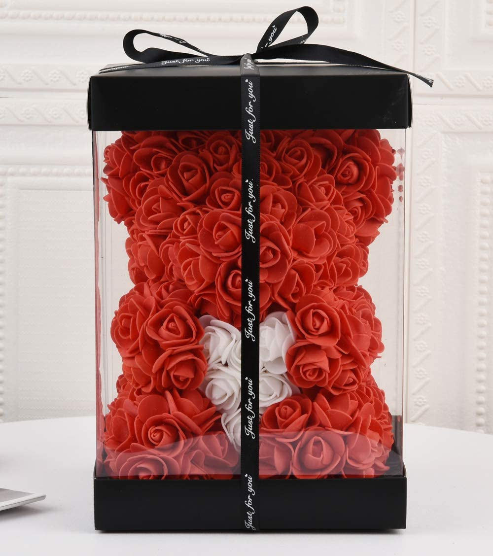 Rose Bear - Rose Teddy Bear -Flower Bear Perfect for Anniversary'S,Rose Bear, Mothers, Rose Teddy Bear. - Clear Gift Box Included! 10 Inches Tall - over 250+ Flowers (Red)