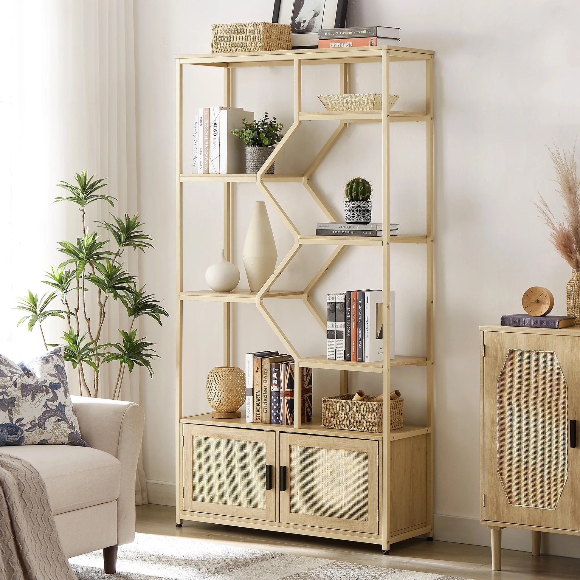 7 Tiers Rattan Bookshelf, Display Shelf Bookcases, Book Shelf Storage Rack with Cabinet for Living Room Home Office, Natural