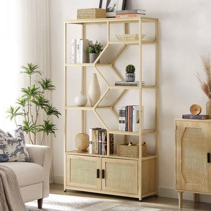 7 Tiers Rattan Bookshelf, Display Shelf Bookcases, Book Shelf Storage Rack with Cabinet for Living Room Home Office, Natural