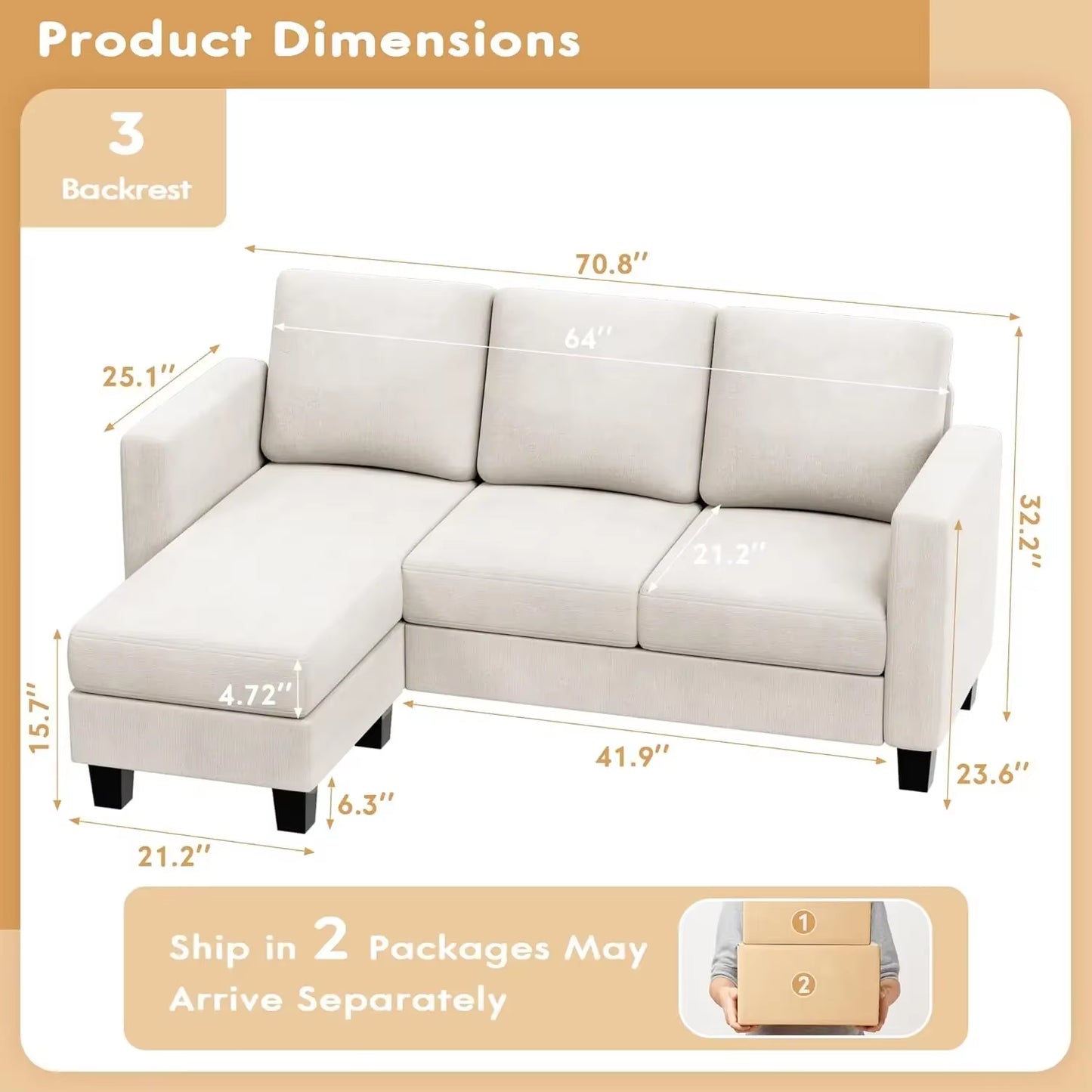 Convertible Sectional Sofa Couch, 3 Seat L-Shaped Sofa with Linen Fabric, Movable Ottoman Small Couch for Small Apartments