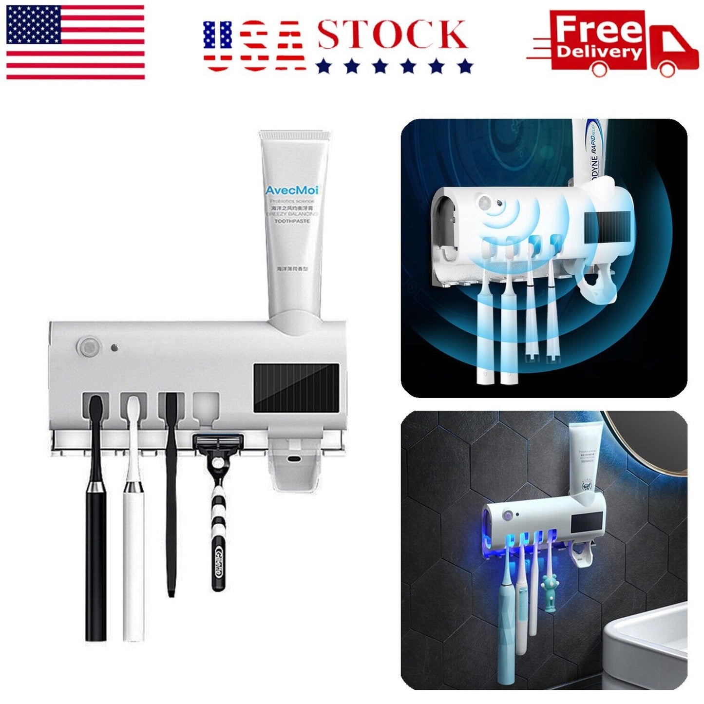 UV Light Sterilizer Toothbrush Holder Cleaner and Automatic Toothpaste Dispenser