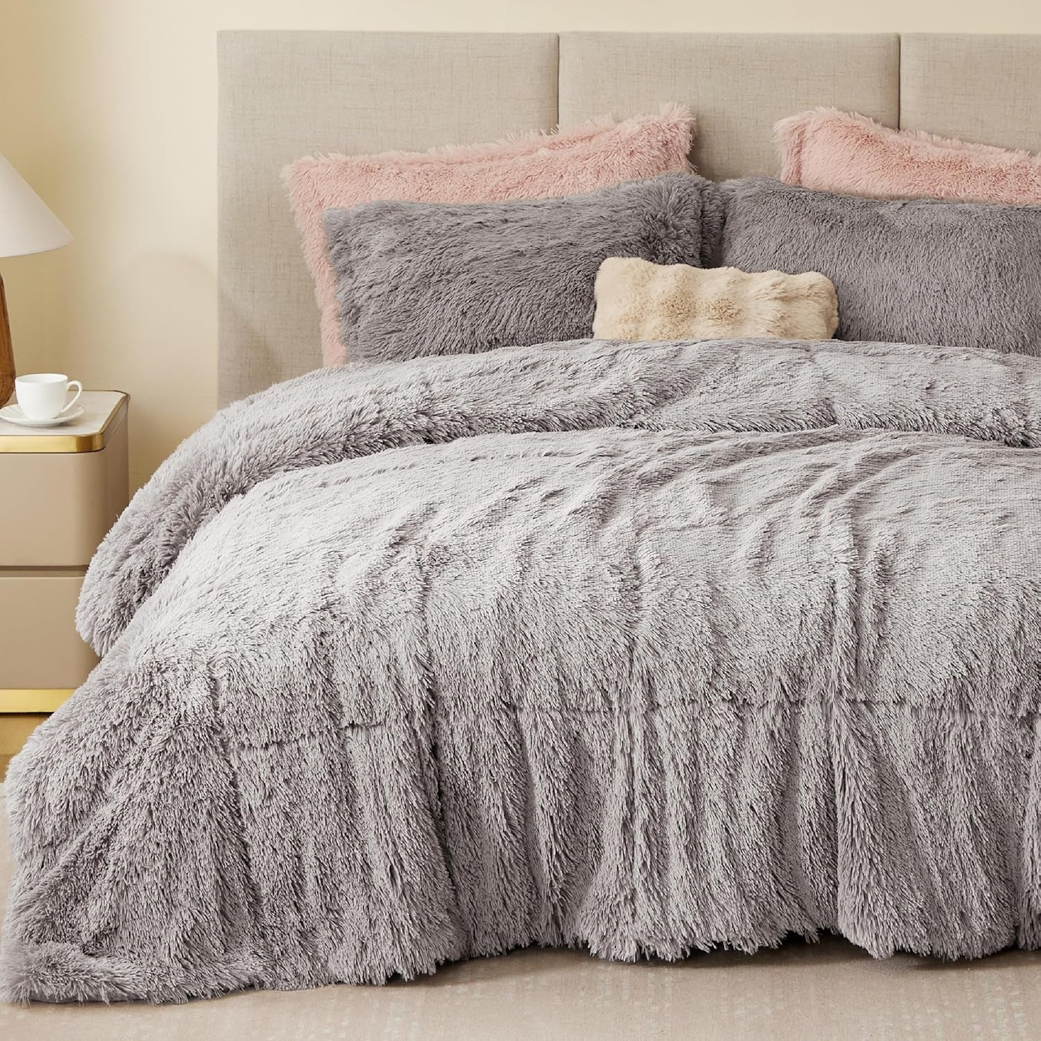 Malea 3 Piece Shaggy Faux Fur Comforter Set Solid Plush Double Sided Box Quilting Design, Modern Casual All Season Quilt Bedding with Matching Sham, King/Cal King, Grey 3 Piece