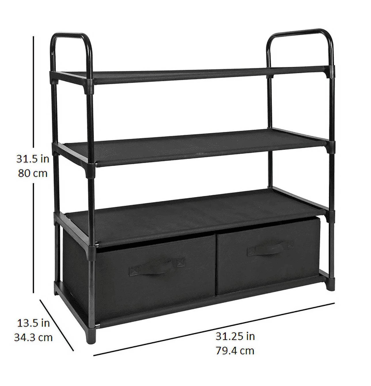 4 Shelf Closet Organizer with 2 Bins, Black, Metal Frame, Adult and Child