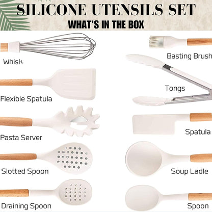 White Kitchen Utensils Set with Holder | Silicone Cooking Utensils Set (11 PC) - Non Stick Kitchen Accessories for Cooking by