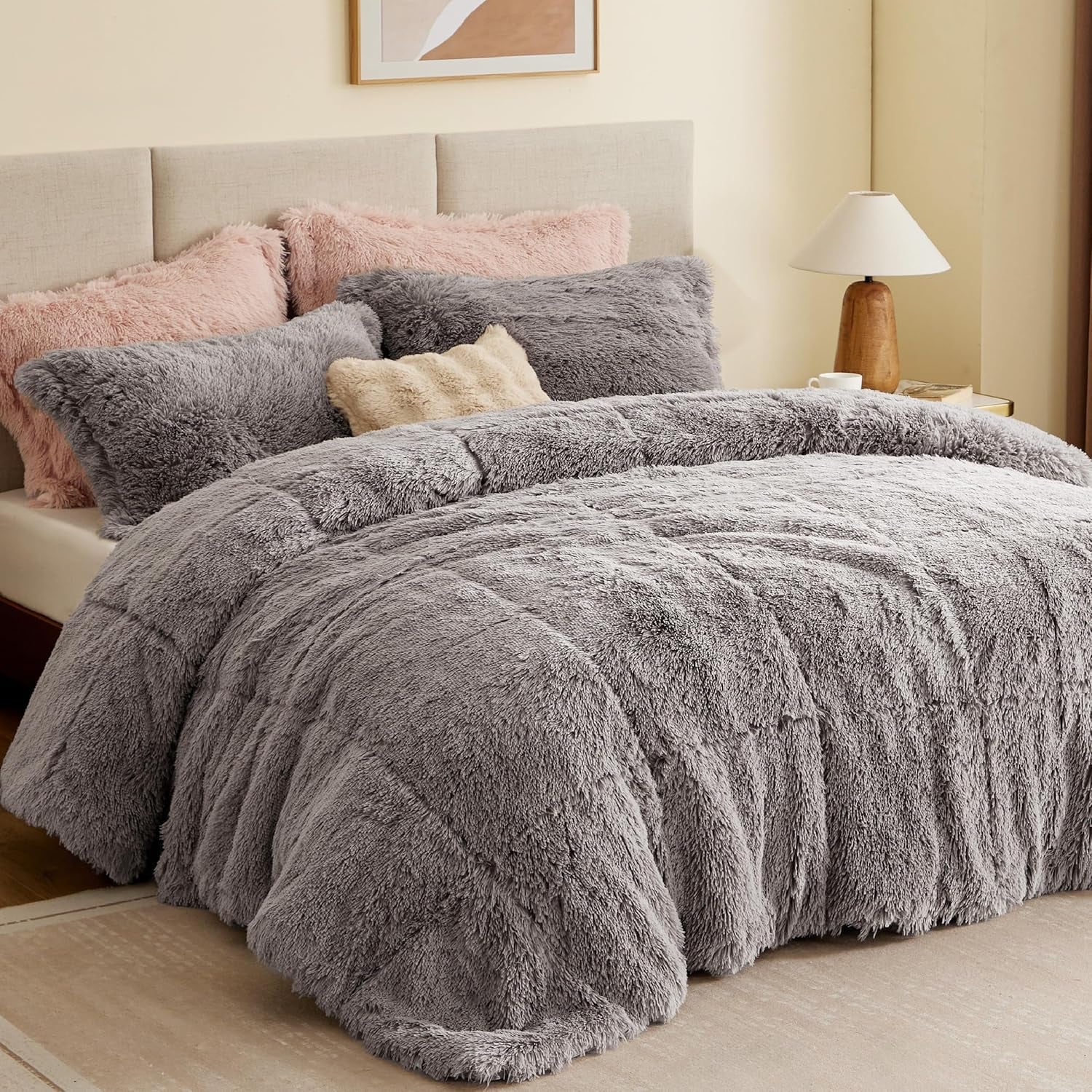 Malea 3 Piece Shaggy Faux Fur Comforter Set Solid Plush Double Sided Box Quilting Design, Modern Casual All Season Quilt Bedding with Matching Sham, King/Cal King, Grey 3 Piece