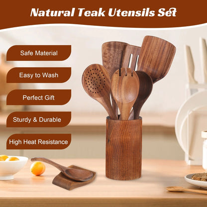 9 Piece Wooden Spoons for Cooking, Kitchen Utensils Sets Spatula, Wood Color