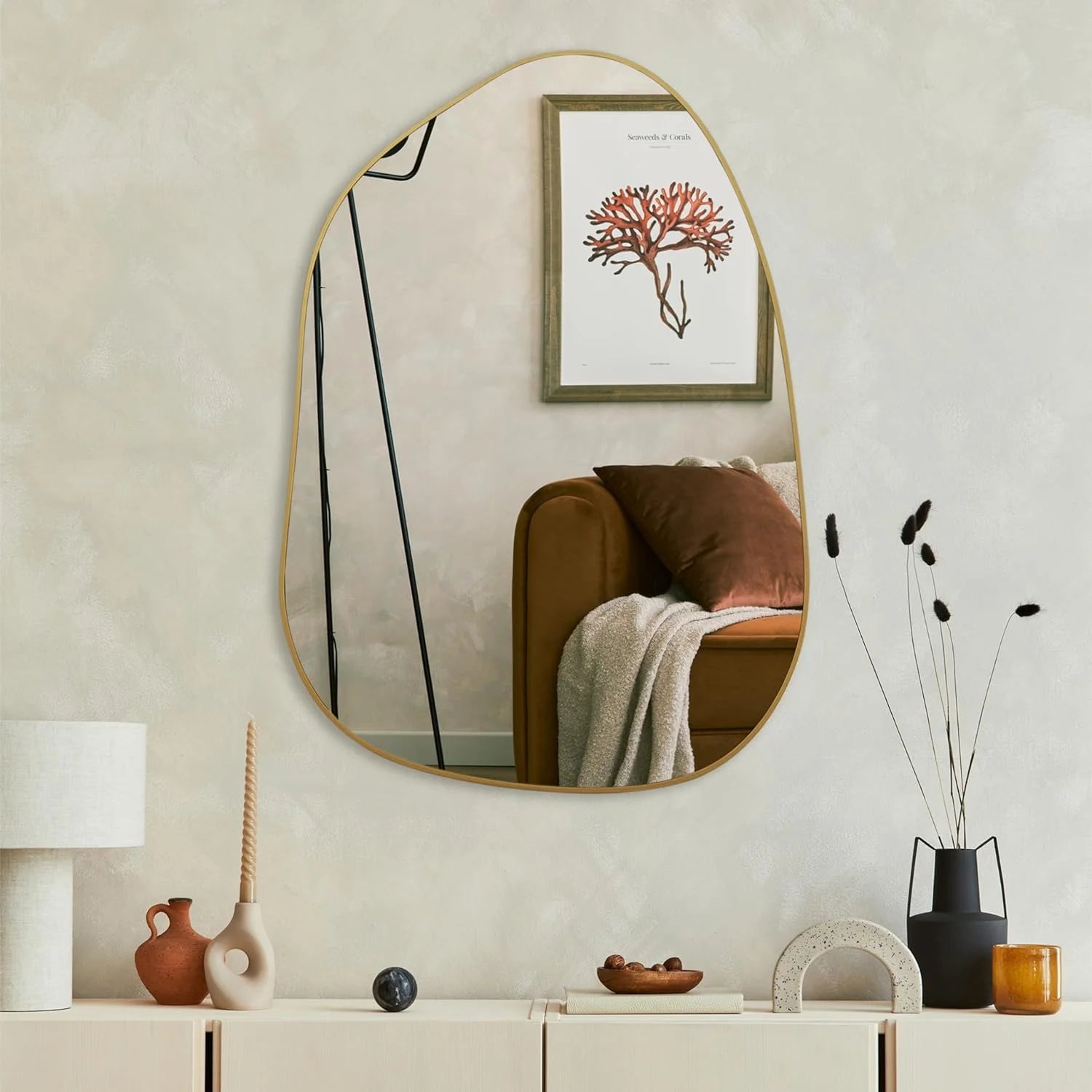 Irregular Wall Mirror Asymmetrical Mirror, 28''X20'' Golden Wood Framed Mirror for Bathroom Bedroom Living Room Entryway